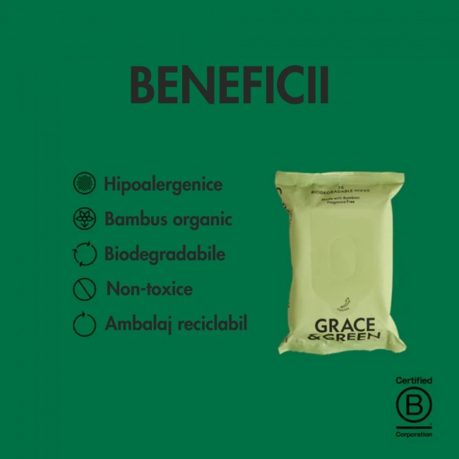 Servetele umede biodegradabile din bambus (25 buc), Grace and Green
