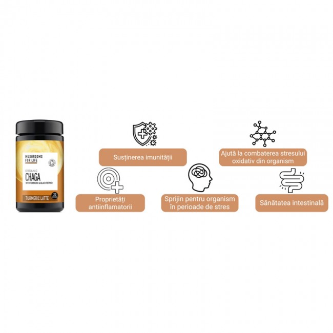 Organic Chaga Turmeric Latte Pure Grade Extract 120 grame (20 portii), MushroomsForLife