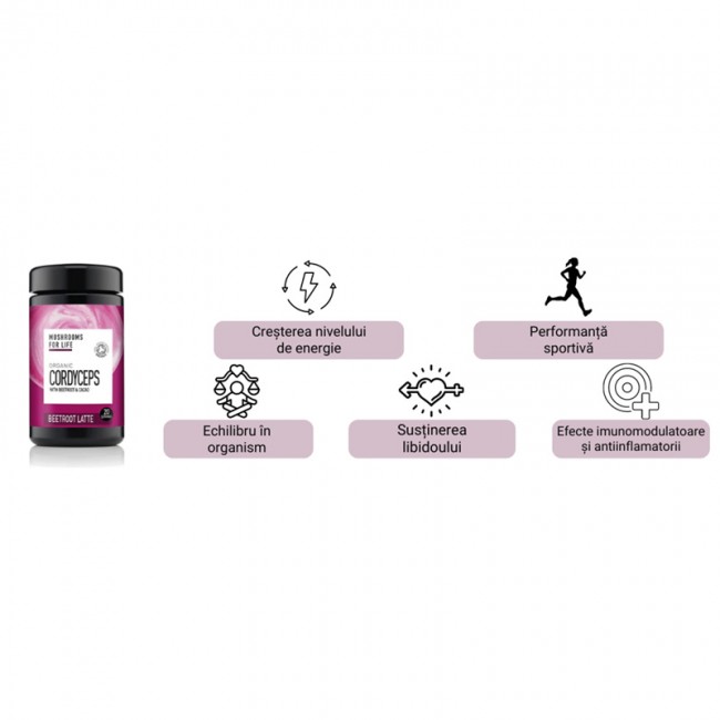 Organic Cordyceps Beetroot Latte Pure Grade Extract 130 grame (20 portii), MushroomsForLife