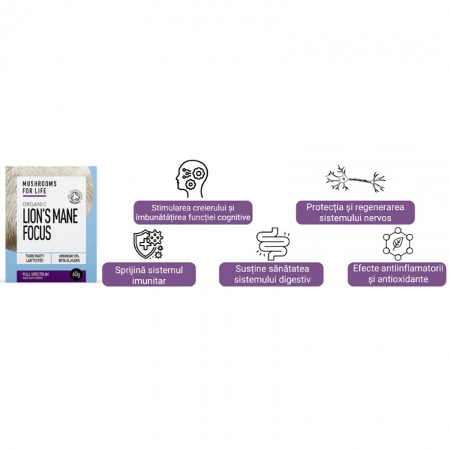 Organic Lions Mane Focus 1000 mg Full Spectrum Powder (60 grame), MushroomsForLife